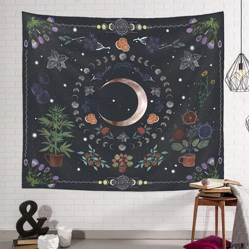 Vista 2 de LINICE Tapiz de plantas, tapiz de fase lunar de la naturaleza para colgar en la pared, tapiz bohemio de mandala estético para decoración