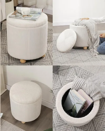 Vista 7 de Adeco Otomana redonda de almacenamiento, taburete tapizado para maquillaje, taburete de terciopelo para dormitorio, dormitorio beige