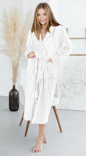 Vista 7 de NY Threads - Bata de baño de vellón para mujer con cuello tipo chal, bata larga y suave