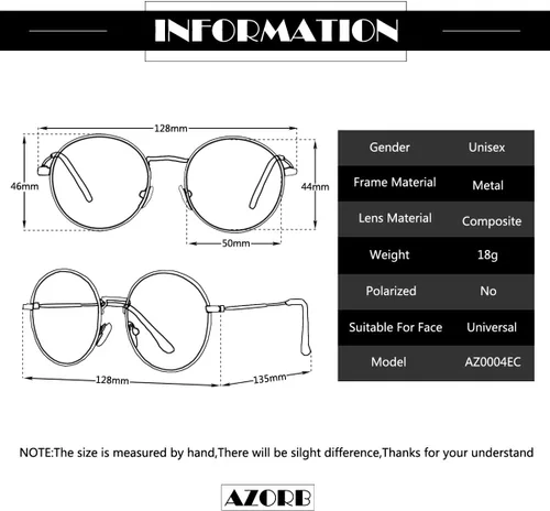 Vista 6 de AZorb Gafas redondas transparentes con marco de metal clásico, sin receta para mujeres y hombres