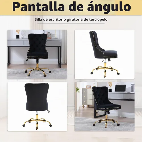 Vista 9 de ABET - Silla giratoria de terciopelo para escritorio, respaldo alto copetudo, sin brazos dorados, color negro