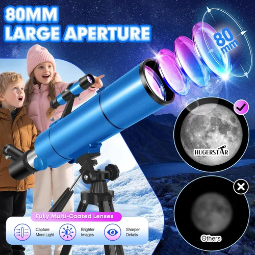Vista 2 de Telescopio para adultos y niños, apertura de 80 mm, 500 mm (20X-150X) Telescopio refractor profesional para principiantes de astronomía, telescopios