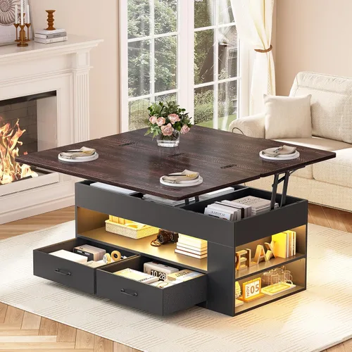 Vista 8 de Itaar - Mesa auxiliar con tapa elevable, mesa de centro 4 en 1 con almacenamiento y compartimento oculto, mesa de centro de estilo granja con 2