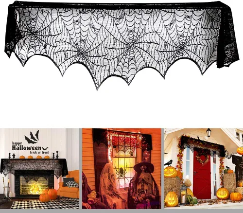Vista 2 de Decoración de chimenea de Halloween, suministros de fiesta festiva, tela de araña de encaje, cubierta de bufanda negra para chimenea, bufanda