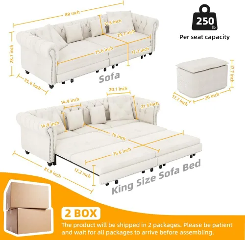 Vista 2 de Eafurn Sofá de dos plazas Chesterfield de gran tamaño 3 en 1, sofá cama convertible extraíble tamaño King con otomana movible y ribete de cabeza