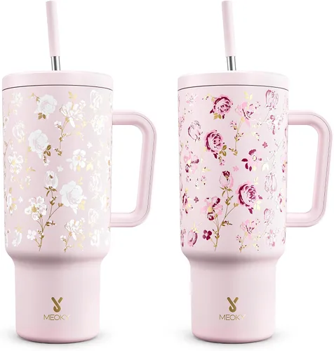 Vista 40 de Meoky - Vaso de 30 oz con asa, tapa y pajilla, taza de viaje térmica de acero inoxidable 100% a prueba de fugas, para portavasos, mantiene el frío