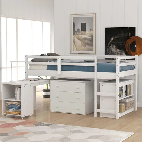 Vista 14 de Harper & Bright Designs Twin Low Loft Bed with Storage Cabinet and Rolling Portable Desk, Kids Twin Loft Bed with Bookshelf & Safety Guardrail and