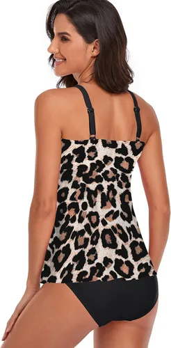 Vista 3 de Traje de baño tankini con control de abdomen para mujer, bikini de 2 piezas, camiseta larga sin mangas con parte inferior de bikini