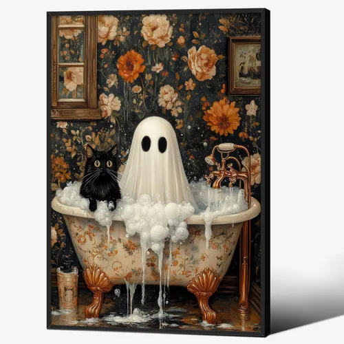 Vista 17 de Lienzo enmarcado negro para pared, póster de Halloween Dark Academia, pintura de gato negro, fantasma en la bañera, imágenes góticas de terror