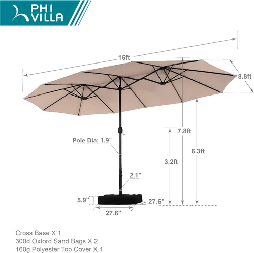 Vista 6 de Sombrilla PHI VILLA para terraza, extra grande, de doble sombrilla, de 450cm (base incluida), sombrilla doble para exterior, Beige