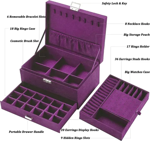 Vista 3 de Cajas de Joyería para Mujeres Morado Organizador de Joyas de Terciopelo con Cerradura, Organizadores de Joyas para Adolescentes y Caja Organizadora