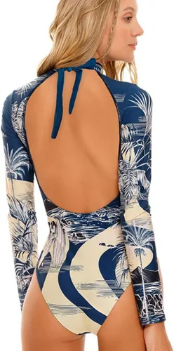 Vista 5 de Traje de baño de una pieza de manga larga sin espalda con estampado floral para mujer