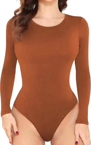 Vista 20 de LAOLASI Body de manga larga con cuello redondo para mujer, ajustado, básico, extensor