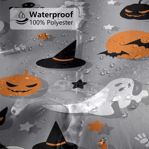 Vista 5 de MEHOFOND Cortina de ducha de calavera de esqueleto de Halloween, divertida cortina de ducha para baño, gato, calabaza, bruja, fantasma, bañeras