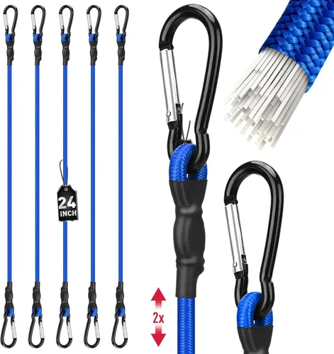 Vista 9 de 5 cuerdas elásticas de 24 pulgadas con ganchos de mosquetón, correas elásticas de goma resistentes, cuerda elástica con clips de mosquetón