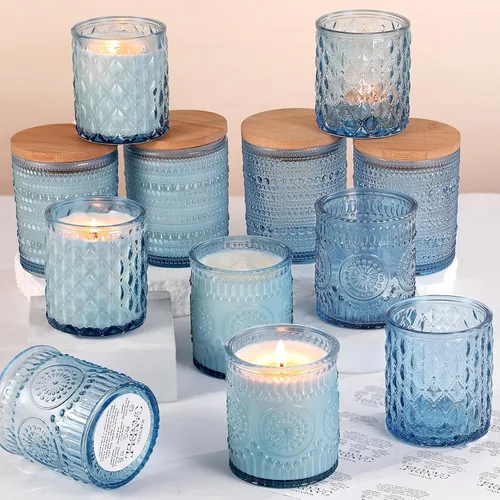 Vista 9 de DARJEN Paquete de 12 tarros de vela de ámbar para hacer velas - 3 estilos de tarros de vidrio para hacer velas a granel con tapas de bambú