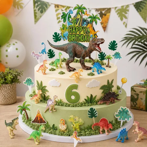 Vista 3 de Decoraciones de cumpleaños de dinosaurios, adornos de pastel de dinosaurio con árboles de huevos para fiesta de cumpleaños, fiesta temática