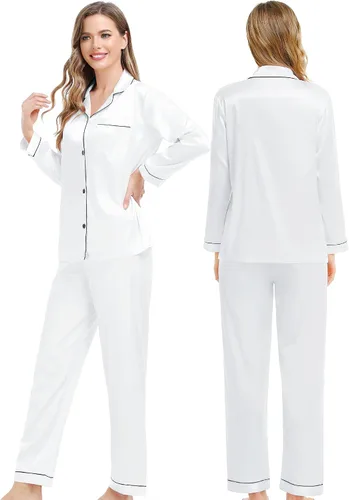 Vista 2 de SWOMOG Conjunto de pijama a juego para parejas, de satén de seda, de manga larga, suave, con botones