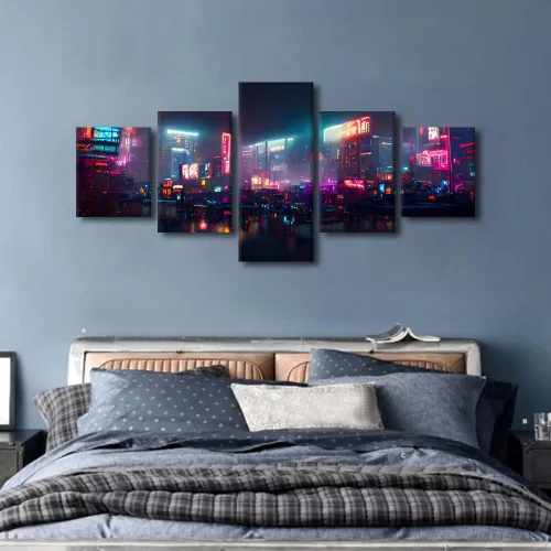 Vista 2 de Póster de 5 paneles en lienzo para decoración de pared, diseño de centro urbano Cyberpunk, impresión moderna, decoración de pared para el hogar