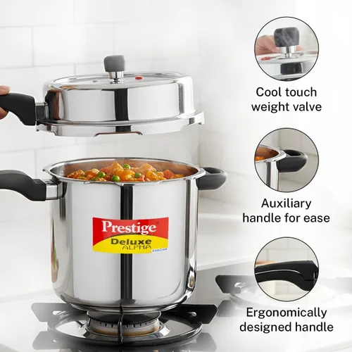 Vista 7 de Prestige Deluxe Alpha Svachh - Olla a presión de acero inoxidable con base Alpha y tapa profunda para control de derrames, (10 litros)