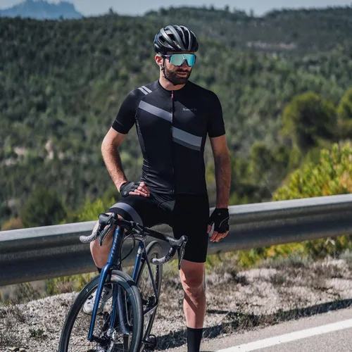 Vista 8 de Santic Camiseta de ciclismo para hombre, manga corta, camiseta de ciclismo de carretera, con cremallera completa, UPF 50+, MTB con bolsillos