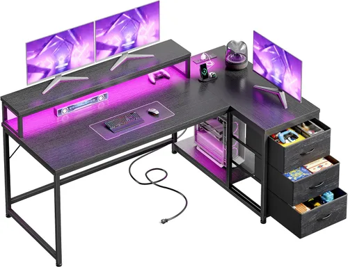 Vista 16 de EnHomee Escritorio para juegos en forma de L con luces LED y toma de corriente, escritorio de computadora de 40 pulgadas con cajones, escritorio