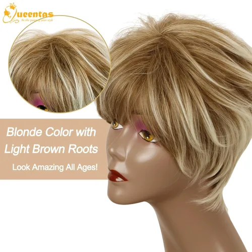 Vista 5 de QUEENTAS Pixie - Pelucas rubias cortas en capas para mujeres blancas y negras, cabello sintético (rubio mezclado con marrón)