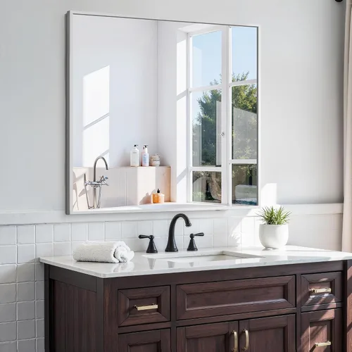 Vista 17 de KOCUUY Espejo de baño negro, espejo rectangular de 24 x 18 pulgadas para sobre el fregadero, espejo de pared decorativo moderno para dormitorio