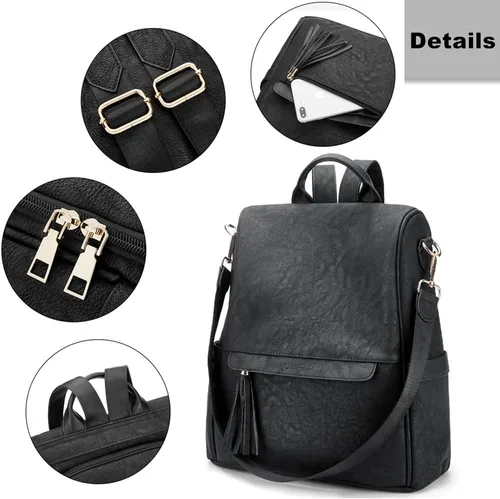 Vista 5 de Oyifan Mochila de cuero para mujer, bolsa convertible, mochila de viaje, Talla Mediana Vintage Negro, Mochilas de viaje