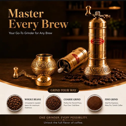 Vista 5 de Sozen - Molinillo de café manual de latón, molinillo de manivela ajustable para café turco, espresso y prensa francesa (6.4 pulgadas, latón clásico)