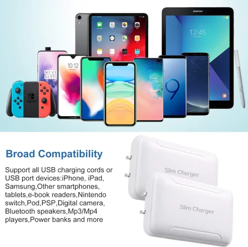 Vista 5 de Cargador de pared delgado, paquete de 2 cargadores de pared USB-A de doble puerto de 3A/5V con enchufe plegable, enchufe de pared USB doble plano