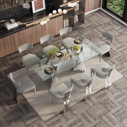 Vista 3 de Mesa de comedor de cristal, mesa de cocina rectangular plateada de Plateado