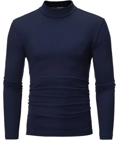 Vista 2 de Camisetas negras para hombre 2023 de manga larga cuello alto cálido suéter casual suave cómodo sólido Mock Pullover Undershirt