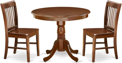 Vista 14 de East West Furniture ANNO3-MAH-C Juego de mesa y sillas de cocina de 3 piezas contiene una mesa de comedor redonda con pedestal y 2 sillas de comedor