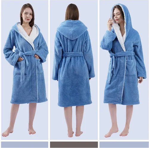 Vista 5 de Albornoz para mujer franela de panal con capucha para mujer ropa de dormir ligera y suave
