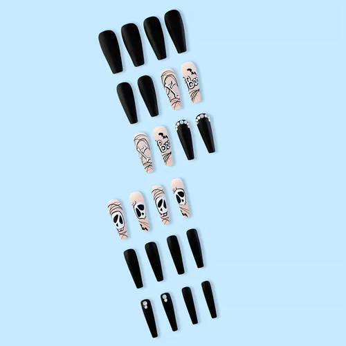 Vista 3 de 24 uñas largas a presión de Halloween, uñas postizas de Halloween, uñas postizas acrílicas con forma de ataúd con diseños, cobertura completa