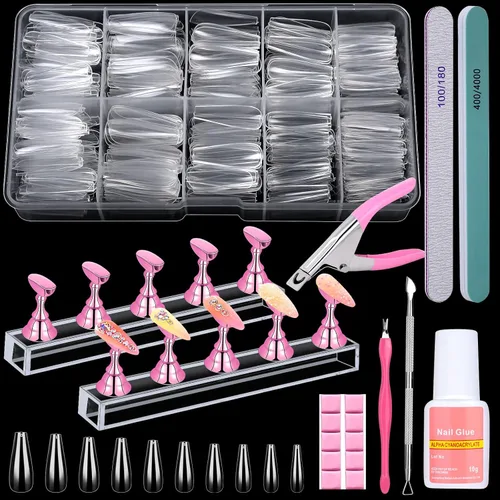 Vista 10 de Kit de uñas postizas acrílicas, kit de uñas postizas a presión con puntas de uñas transparentes de ataúd, soporte de exhibición de uñas, calcomanías