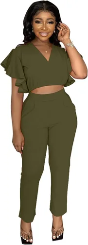 Vista 2 de AIIYYQB Conjunto de pantalones cortos de verano para mujer, conjunto de 2 piezas con camiseta corta sexy y manga de mariposa, conjunto a juego