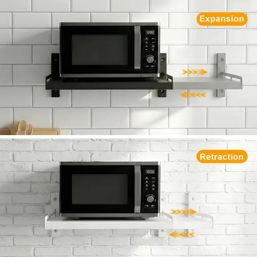 Vista 2 de ABCOOL Estante de montaje en pared extensible para horno microondas, cocina, hogar, soporte desmontable ajustable a presión con 4 ganchos