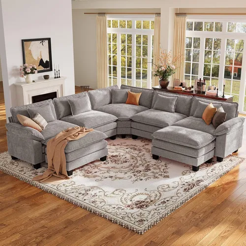 Vista 30 de Sofá modular de gran tamaño de 154 pulgadas, cómodo sofá en forma de U con 3 otomanas móviles, sofá moderno de felpilla de 7 plazas para sala
