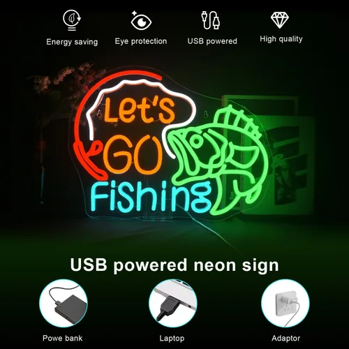 Vista 4 de Lucunstar Letrero de neón "Vamos a Pescar" Luz de neón de pez regulable para decoración de pared LED alimentado por USB Luces de anzuelo de pesca