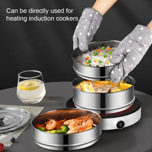 Vista 6 de Juego de ollas apilables de acero inoxidable de 3 niveles para cocinar alimentos a presión accesorios para olla a presión