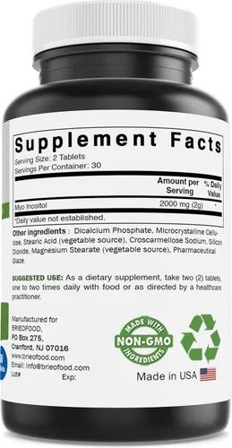Vista 3 de Brieofood Myo Inositol 2000 mg por porción - 60 tabletas - Probado en laboratorio de terceros
