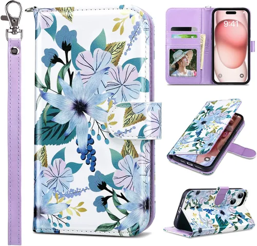 Vista 39 de ULAK Funda tipo billetera compatible con iPhone 15 para mujeres, funda tipo cartera con estampado floral de piel PU premium con porta tarjetas