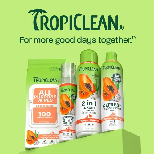 Vista 8 de TropiClean Champú y acondicionador 2 en 1 para perros, aroma a papaya de larga duración, desenredante hidratante para perros, seguro para cachorros