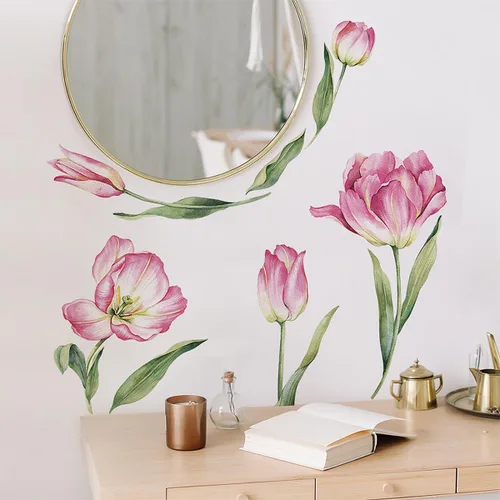 Vista 7 de 2 hojas de calcomanías de pared de flores rosas grandes, tulipán, flores, flores, jardín, hojas verdes, plantas, vinilo, bricolaje, decoración