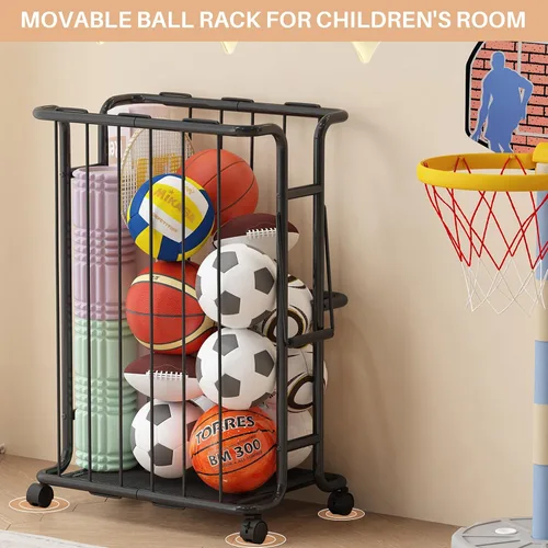 Vista 7 de Estante de almacenamiento grande para pelotas de garaje con ruedas, con asa, para baloncesto, fútbol, voleibol, garaje, gimnasio, color negro