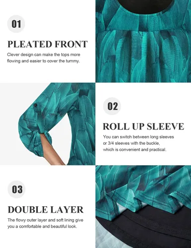 Vista 5 de SeSe Code Blusas de malla de manga 34 enrollada para mujer, plisadas, elásticas, blusas fluidas