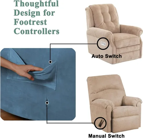 Vista 4 de Aedlcal Fundas para silla reclinable, 4 piezas, con bolsillo lateral, de terciopelo suave y elástico, para niños y mascotas, protector de muebles