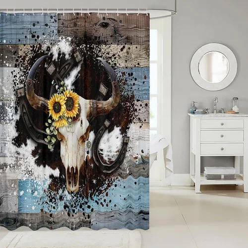 Vista 2 de Cortina de baño rústica de piel de vaca, estampado de calavera de toro y herradura, cortina de ducha de piel de animal occidental para niños